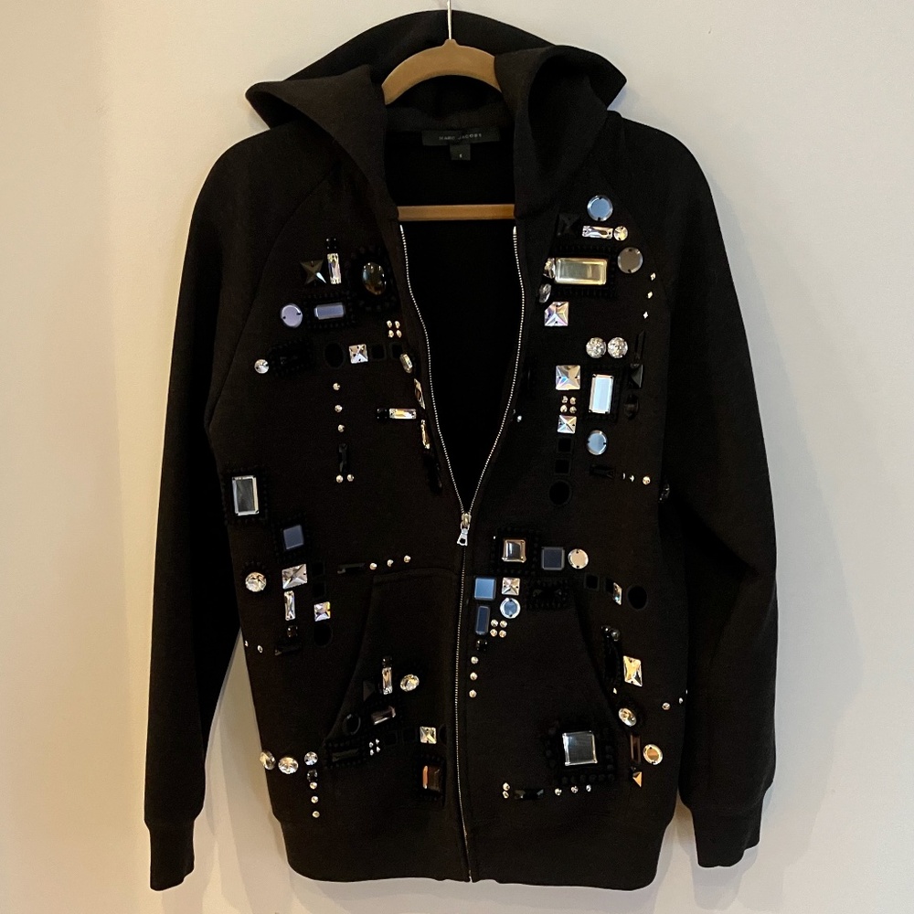 FANTASTIC Marc Jacobs Black Galamorous Jeweled  Hoodie S M L   21” p2p